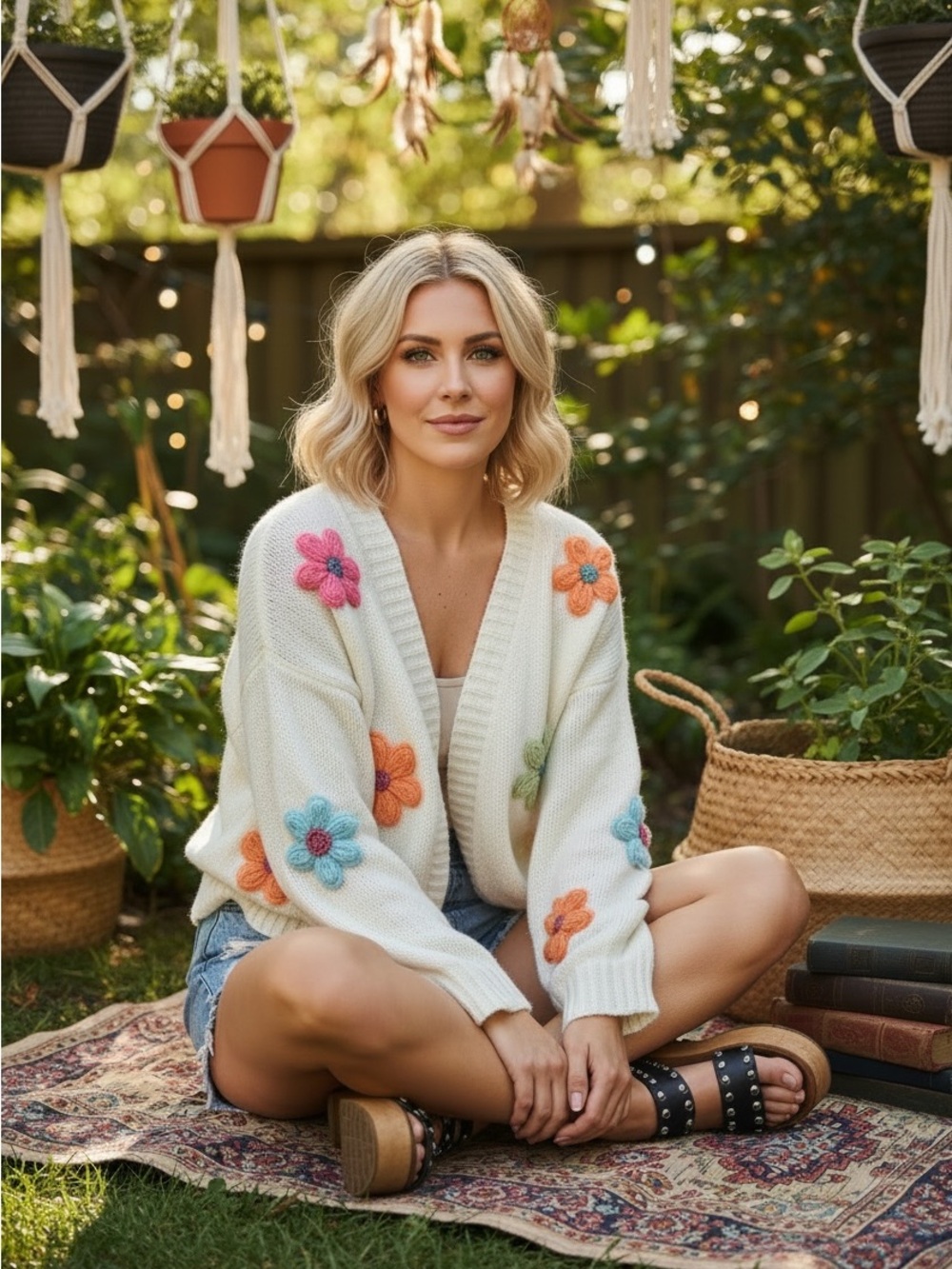 Dreamers by Debut Cropped Flower Power 3D Knit Ivory Cardigan NWOT - Picture 3 of 13